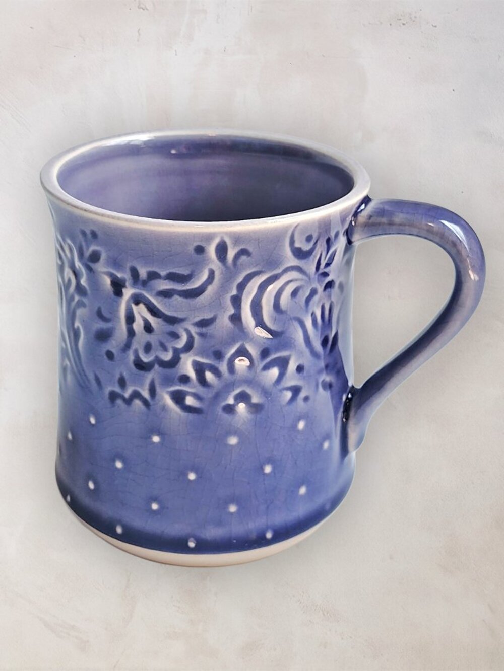 Periwinkle Blue Purple Paisley Embossed Crackle Glaze Ceramic Coffee Mug Cup